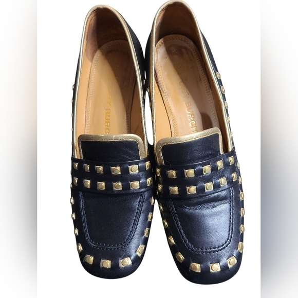 Tory Burch Shoes - Tory Burch Black Heeled Loafers with Gold Accents Size 6